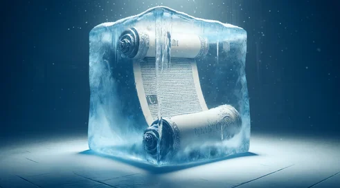 DALL·E 2024-05-10 13.33.34 - A horizontal image depicting a metaphorical representation of a deeply frozen legal act. The scene shows an oversized, traditional paper scroll or doc