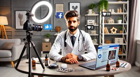 DALL·E 2025-02-06 12.27.23 - A modern charlatan pretending to be a doctor on social media. He wears a white lab coat and a stethoscope but has an overly polished, influencer-like