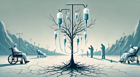 DALL·E 2025-02-25 11.33.16 - An abstract, symbolic illustration representing the financial collapse of Poland's healthcare system. A withering, fragile tree with IV drips instead