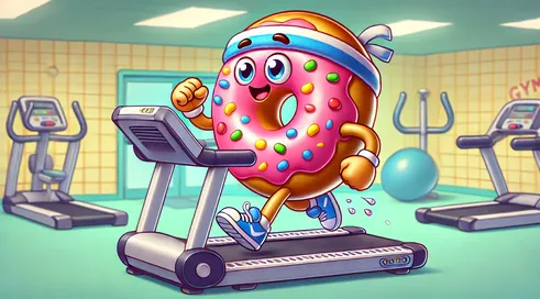 DALL·E 2025-02-26 10.52.06 - A humorous illustration of an anthropomorphic donut character with arms and legs running on a treadmill. The donut has a happy, determined expression,