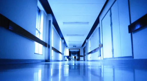 low angle view of an empty hospital corridor