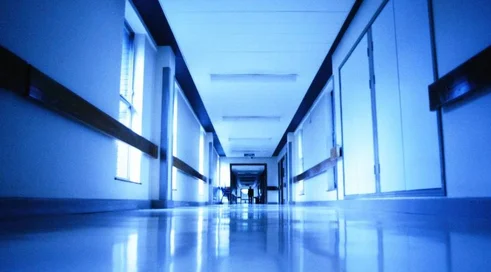 low angle view of an empty hospital corridor